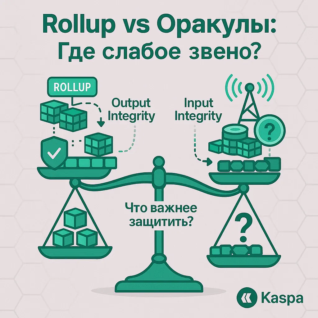 Rollup vs Оракулы: визуальное объяснение проблемы целостности данных в блокчейне. Почему оракулы сложнее защитить и как Kaspa может изменить правила игры.